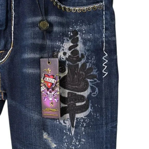 Ed Hardy Christian Audigier Boyfriend Jeans Womens Blue Dark Wash Embellished 30
